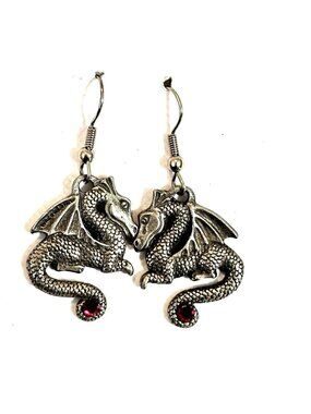 Dragon Silver Tone Pewter Dangle Drop Earrings Red Rhinestone